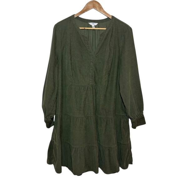 Army Green Corduroy Size XL Tiered Hem Pullover Baby Doll Shirt Dress - Picture 2 of 7